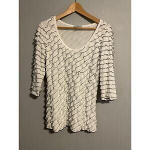 Vintage Womens Top Medium White Ruffle 3/4 Sleeve Stretch Fairy Dainty 90s